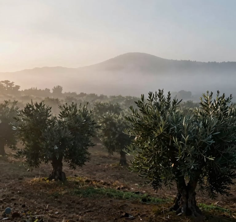 A cinematic, wide-angle view of a misty, pristine organic olive grove at dawn. The lighting is soft and high-end, reflecting natural perfection and source integrity. Dominant colors include #F8F7F5 and deep shadows.