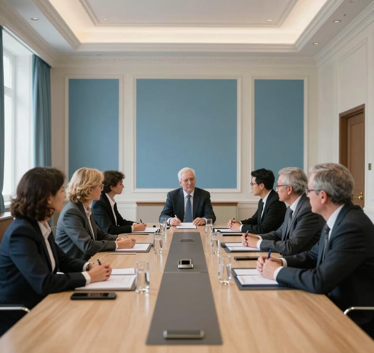 Photography of a professional meeting in a bright, contemporary conference room, featuring elegant European architectural details and mid-blue accents.