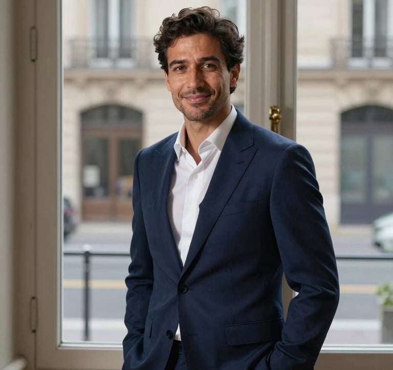 A professional portrait of a man in a navy blue suit standing in front of a window overlooking a Parisian street. He has a confident and welcoming expression. The lighting is balanced and highlights a professional charcoal and silver aesthetic.