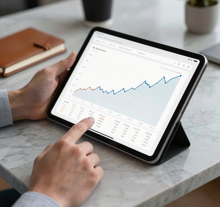 A close-up photograph of a professional's hands using a sleek tablet displaying minimalist financial growth charts and data. The tablet sits on a polished light gray marble desk next to a leather notebook, European / French office setting.