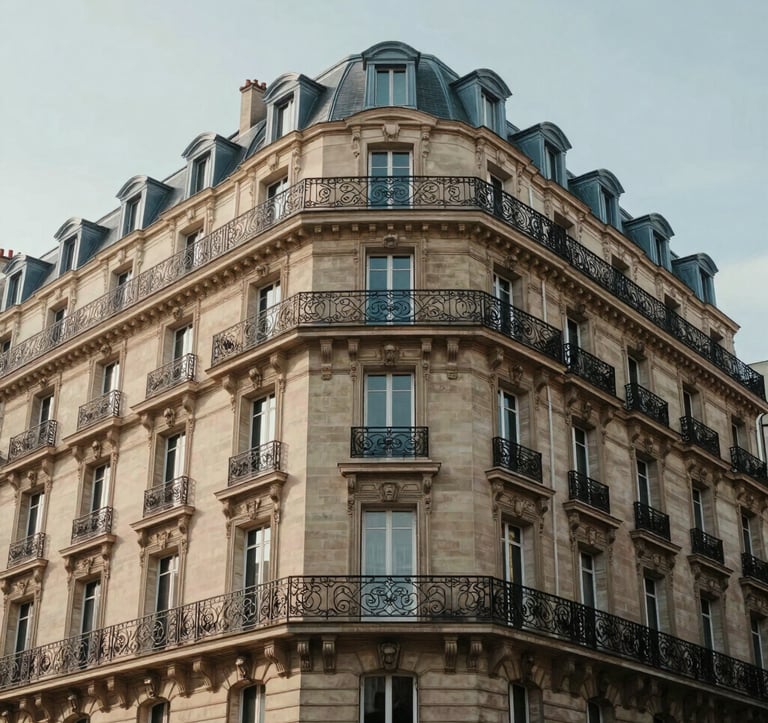 Exterior shot of a classic Haussmannian apartment building in a prestigious Paris neighborhood. The architecture is detailed with stone carvings and wrought iron balconies, captured in soft morning light, representing premium real estate.