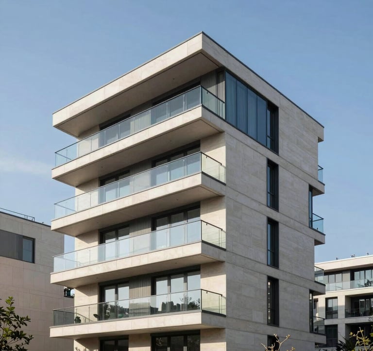 A high-quality architectural photograph of a modern residential building in a prestigious French neighborhood. The design features clean lines, large glass balconies, and elegant stone textures under a clear blue sky. Professional and high-status composition.