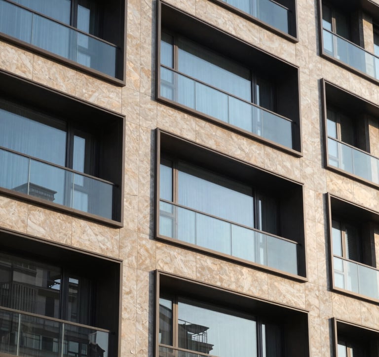 Detail photography of a modern luxury residential facade with stone and glass, European style, sharp perspective, morning sunlight.