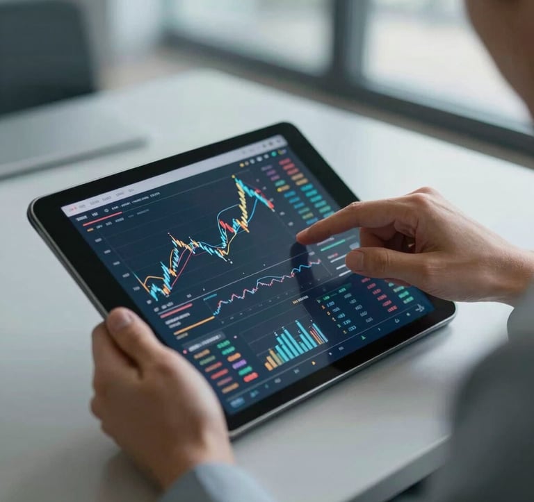 Close-up photography of a professional's hands using a tablet displaying sophisticated financial charts and growth graphs. The background is a soft-focus business lounge in light grey and muted blue. The scene conveys intelligence, accuracy, and modern financial management.