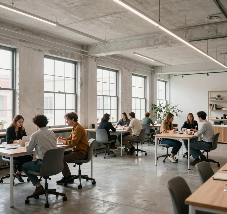 A wide-angle shot of a bright, modern startup incubator in a renovated industrial loft. The space features large windows, ergonomic furniture, and a group of professionals in smart-casual attire collaborating in a clean, minimalist environment.