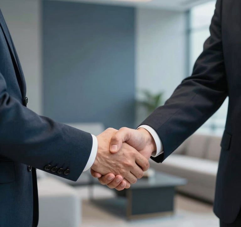 A professional and elegant composition showing a firm handshake between two individuals in formal business suits. The background is a blurred, high-end corporate lounge with muted blue and light gray decor, European / French style.