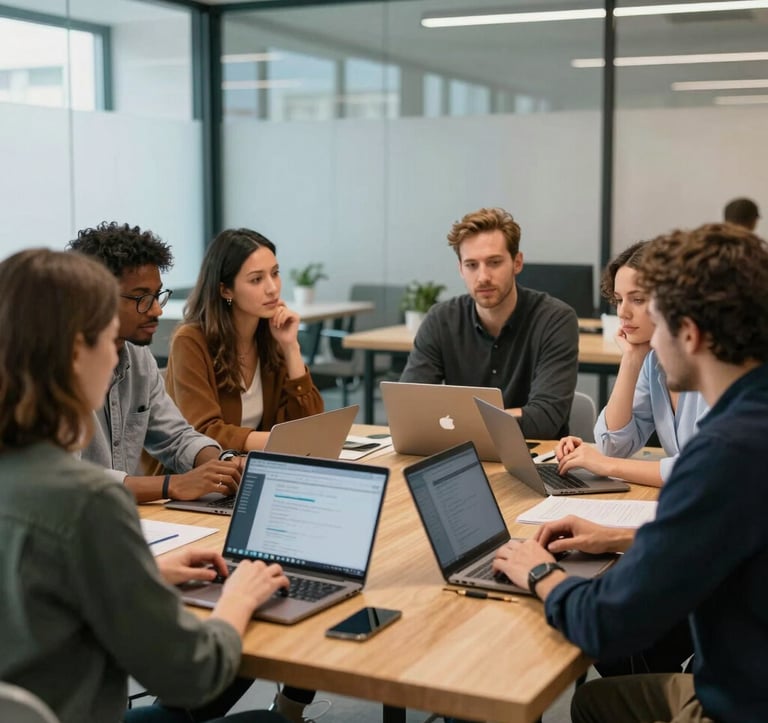 Professional photography of a diverse group of entrepreneurs in a modern European coworking space, engaged in a strategic meeting around a wooden table with laptops. The setting is bright and innovative, with glass partitions and soft muted blue accents in the background.