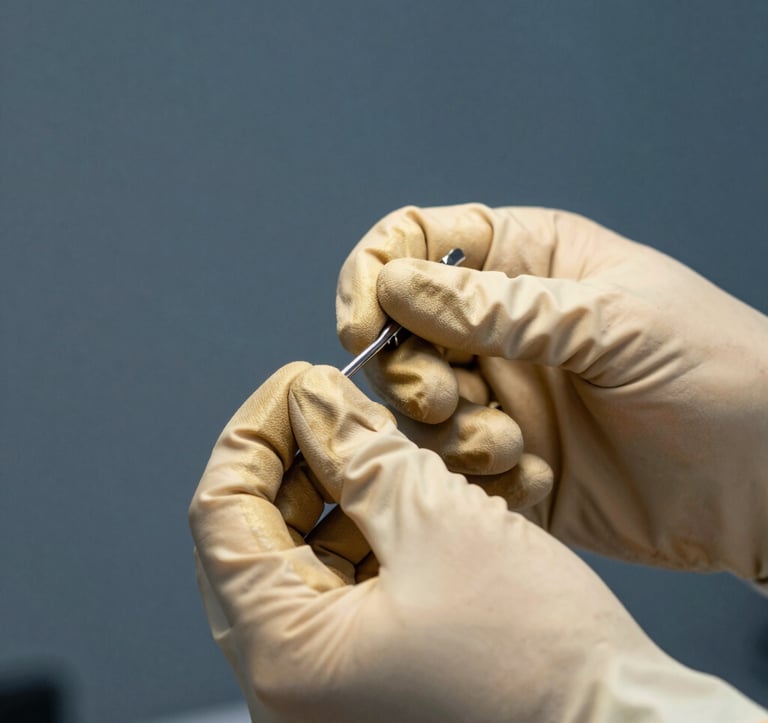 A close-up photograph of professional hands in soft gold beige gloves demonstrating a precision aesthetic technique. The background is a clean, blurred dark slate blue, focusing on the expertise and care of the procedure.