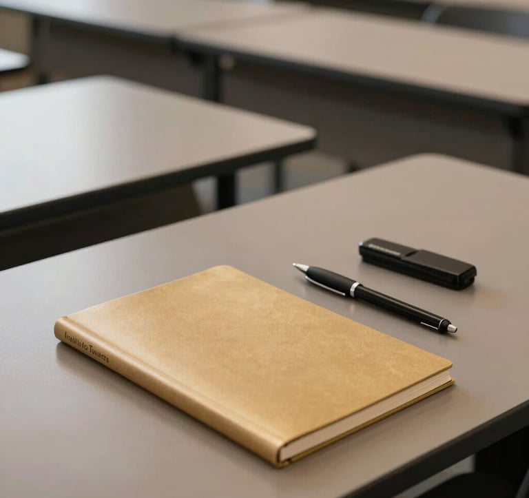 A high-end classroom setup at the Instituto Tavares. Sophisticated muted taupe brown tables hold sleek aesthetic tools and soft gold beige notebooks. The lighting is soft and professional, reflecting an elite learning environment.