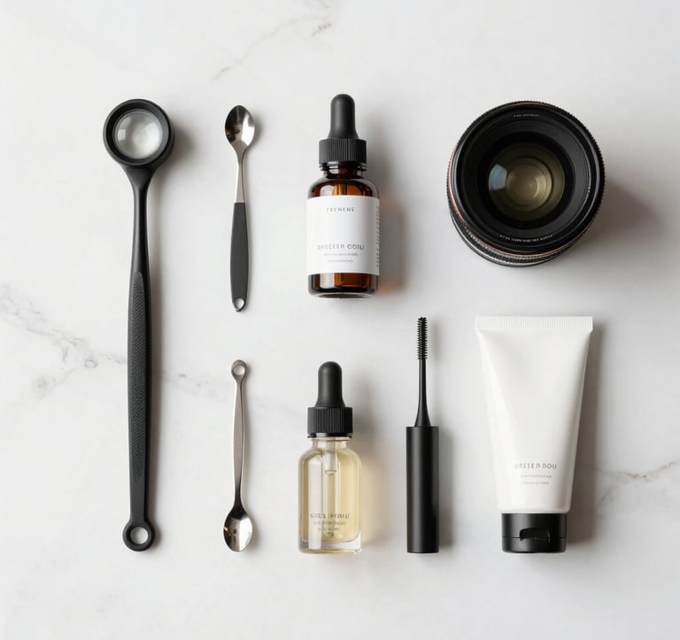 A minimalist flat lay of premium aesthetic tools and professional products on a white marble surface with warm off-white highlights. The composition is clean and organized, conveying professional sophistication.