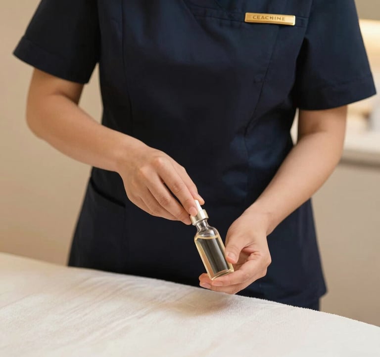 A detailed shot of a premium aesthetic treatment. A professional in a clean, dark slate blue uniform is preparing a serum. The setting features soft off-white textures and warm golden beige lighting, conveying luxury and hygiene.