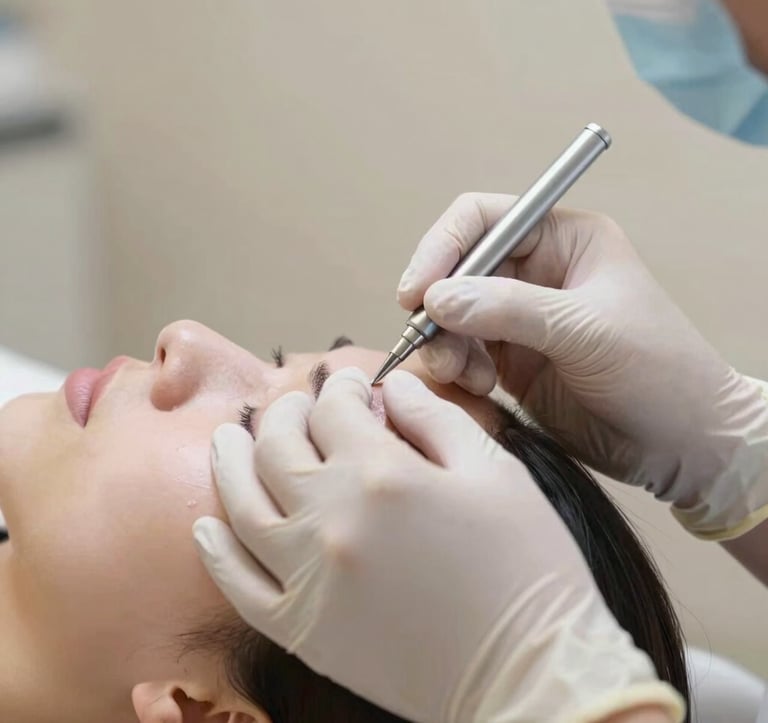Professional hands in clinical gloves performing a precise aesthetic procedure on a client's profile. The focus is on the steady, expert movement. The background is a blurred soft off-white clinical setting. Lighting is professional and clear.