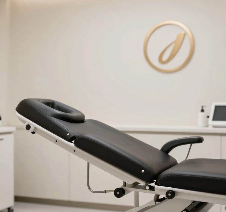 A close-up photograph of a modern, clean treatment room. The equipment is sleek and minimalist. In the background, a warm off-white wall features a subtle champagne gold logo. The overall composition is balanced and professional, emphasizing clinical excellence and luxury.