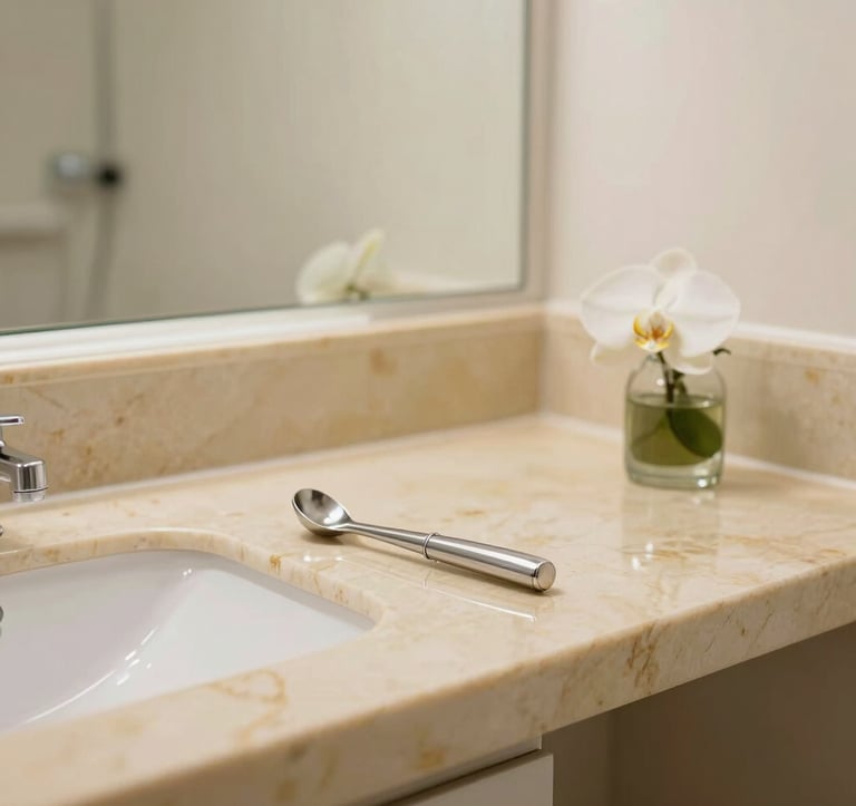 A close-up photograph of a minimalist, luxury clinical room. Details include a golden beige marble countertop, a sleek silver medical tool, and a small glass vase with a white orchid. The lighting is bright but soft, emphasizing a sterile yet welcoming environment.