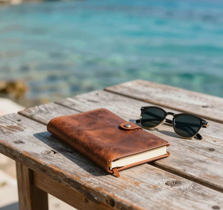 A close-up of a rustic wooden table overlooking a quiet, turquoise Mediterranean cove. On the table is a leather-bound travel journal and a pair of sunglasses. The lighting is soft morning sun, with the brand colors #A8C9CF and #3E6B7A present in the water and shadows.