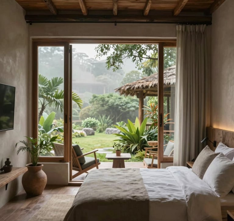 An elegant, authentic interior of a boutique eco-lodge. Large windows open onto a lush, misty garden. The decor uses natural linen, stone, and wood, with a palette of #F7F9FA and #1C2C39 for a sophisticated, peaceful vibe.
