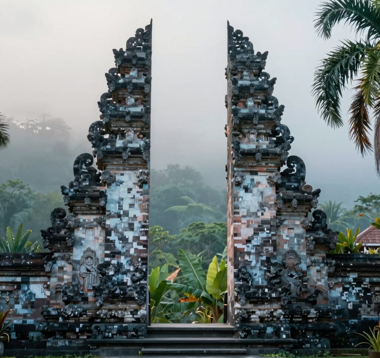 A symmetrical and serene view of an ancient stone temple gate framed by lush tropical greenery at sunrise. The soft, misty atmosphere creates a sense of tranquility and adventure. The stone textures incorporate cool tones like #A8C9CF.