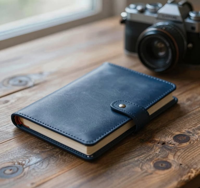 A close-up of a luxury leather travel journal and a high-end camera resting on a rustic wooden table, soft natural light from a window, incorporating deep blues like #1C2C39 and light highlights of #F7F9FA.