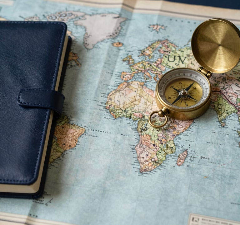 A top-down aesthetic flatlay of a vintage map, a leather journal, and an old brass compass. The lighting is soft and professional, using deep navy tones (#1C2C39) to suggest reliability, wisdom, and thoughtful planning.
