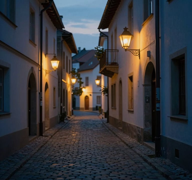 A narrow cobblestone street in a hidden European village during the golden hour. Warm lanterns contrast with deep blue shadows (#1C2C39). The scene is authentic and inviting, capturing the magic of finding the unexpected.