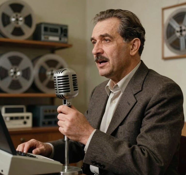 An authentic, documentary-style photograph of an Eastern European / Romanian radio commentator from the late 20th century speaking passionately into a classic desktop microphone. The background is filled with stacks of archival tape reels and warm, soft room lighting.