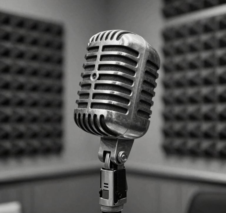 A striking black and white studio portrait of a classic 1960s heavy steel broadcasting microphone. The background is a soft-focus view of sound-absorbing acoustic panels in an old Eastern European radio booth. The lighting is soft and dramatic, accentuating the polished metal textures.