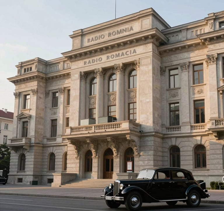 An editorial-style photograph of the historic Radio Romania broadcasting building facade in Bucharest under soft morning light. Elegant neoclassical architecture, a vintage black automobile from the 1930s parked nearby, clean and scholarly composition, warm grey and cream color scheme.