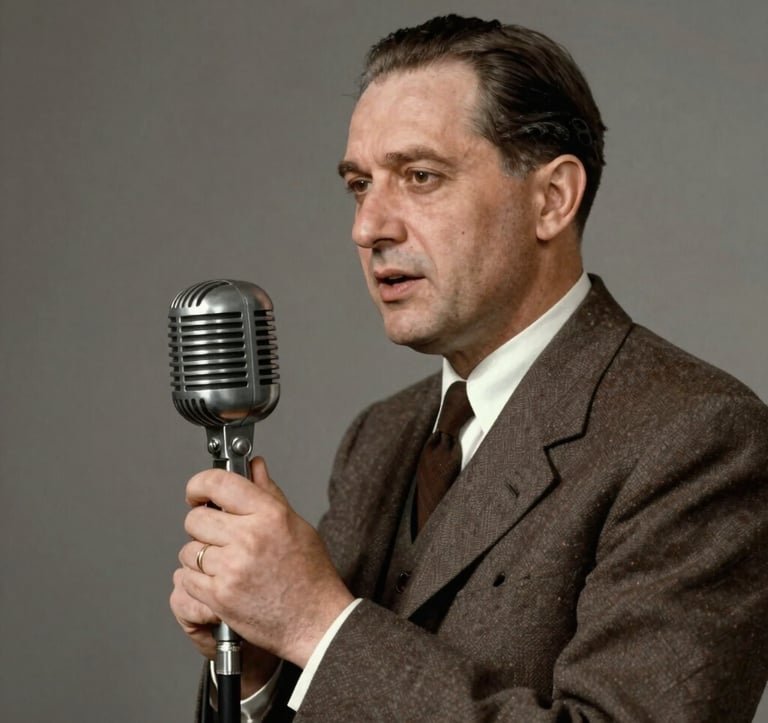 Archival studio portrait of a distinguished Eastern European / Romanian male radio presenter from the 1940s, dressed in a classic vintage suit. He is speaking with dedication into an old metal broadcasting microphone. Warm grey background, scholarly editorial lighting, historical archival photography style.