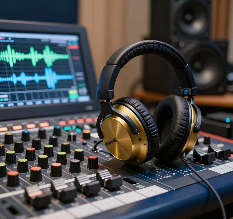 A professional photography of a modern digital audio archiving studio in Bucharest, Romania. High-end modern headphones rest beside a digital sound mixer showing clean waveforms, blending contemporary digital technology with nostalgic gold and deep slate blue tones.