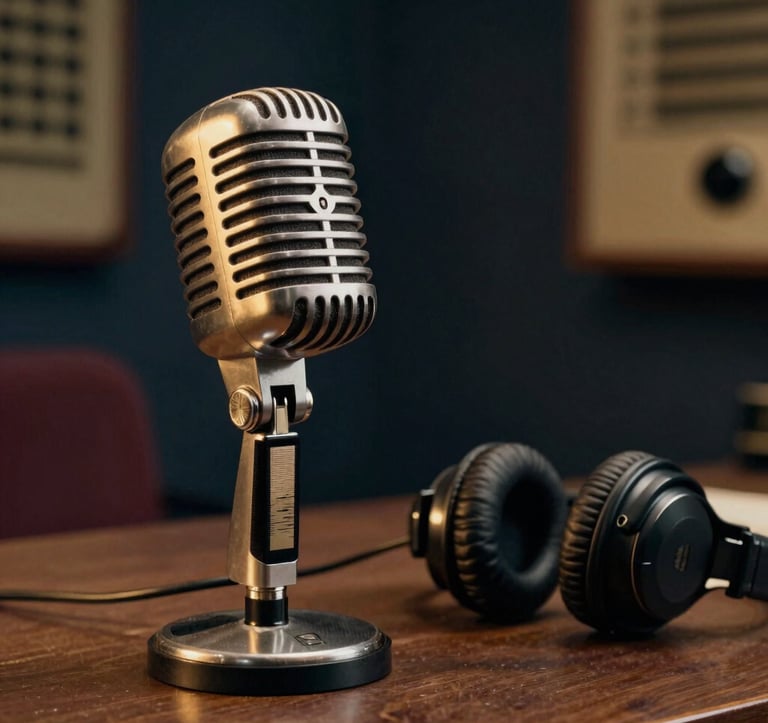 A high-fidelity editorial photograph of a vintage 1950s microphone on a desk in a Romanian radio station. Warm nostalgic gold light highlights the metallic finish of the microphone next to a pair of old-fashioned bakelite headphones. Scholarly and warm mood, dark midnight navy shadows.