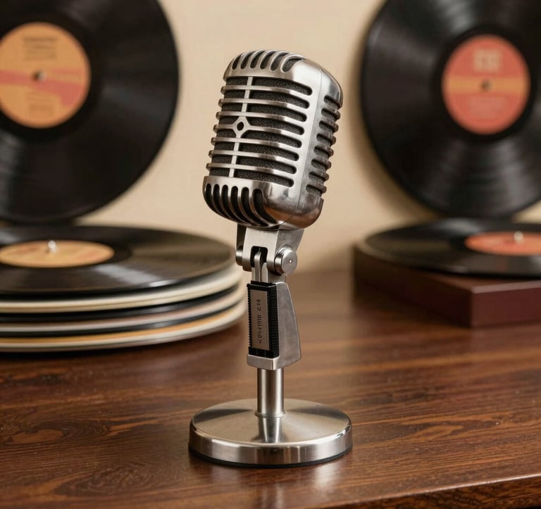 A crisp, scholarly studio photograph of an antique metal broadcasting microphone from the 1940s, standing on a polished dark wood desk. In the background, vintage vinyl records are neatly stacked. The style is nostalgic and sophisticated, with warm gold and deep slate tones.