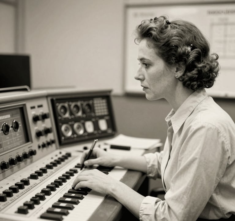 Archival black and white style photograph with a warm cream tone, depicting an Eastern European / Romanian female broadcaster in a 1950s radio control room. She is looking intently at dial readouts on a large, complex analog console. Soft focus, warm editorial atmospheric aesthetic.