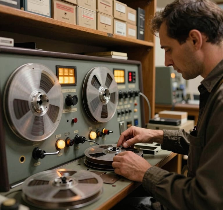 A close-up documentary photograph of a Romanian sound engineer in an vintage editorial archive, cataloging old magnetic reel-to-reel tapes. The atmosphere is academic and nostalgic, featuring warm amber glowing indicators and rustic shelves filled with tape boxes.