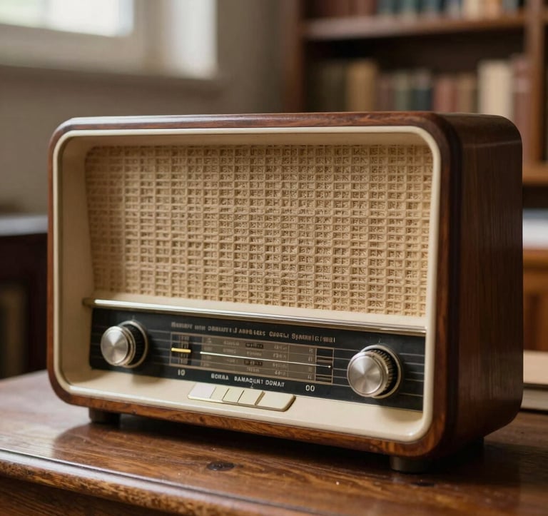 A close-up photograph of a beautifully crafted wooden classic radio receiver from the mid-20th century, located in a quiet library room in Bucharest, Romania. Soft natural morning light falls over its polished grain, vintage cream and warm stone gray tones, creating an atmosphere of historical preservation.