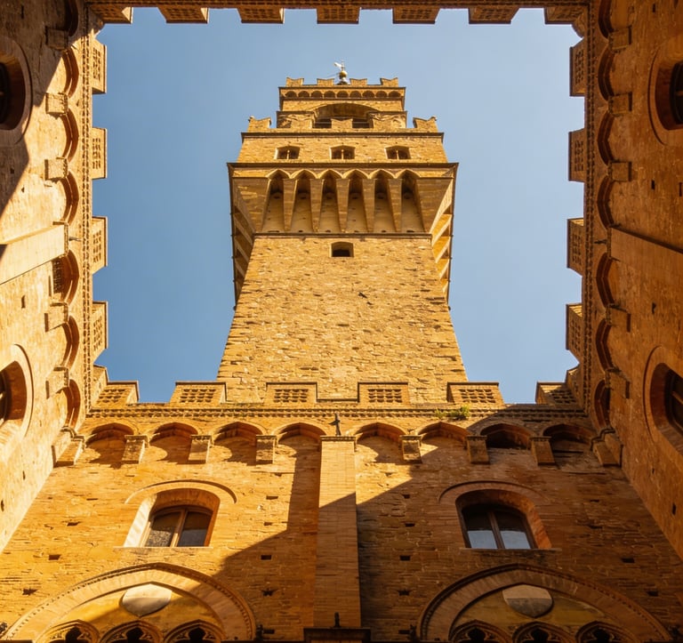 Low angle view of the Arnolfo Tower at Palazzo Vecchio in Florence, Italy, framed by a stone courtyard.