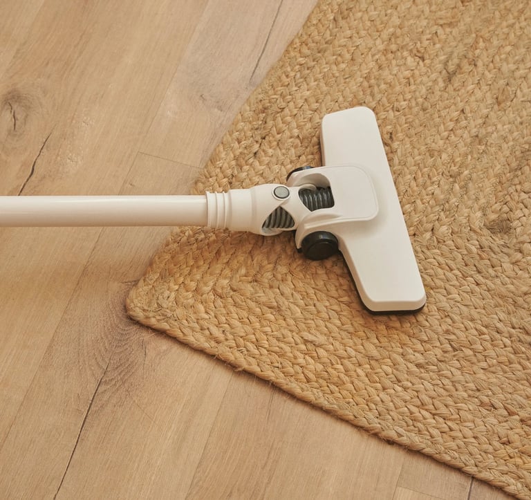Limpeza de tapete sisal/juta em Campinas - bocal de aspirador removendo poeira sobre piso.