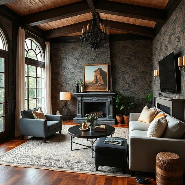 Rustic living room with dark wallpaper, wood beamed ceiling, stone fireplace, and modern furniture.