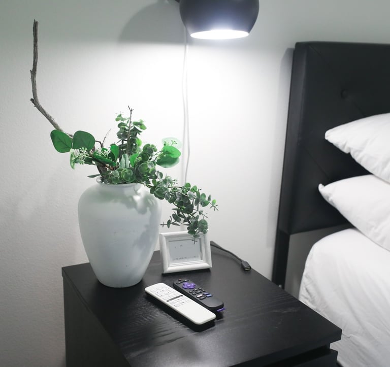 a vase with a plant in a vase on a nightstand