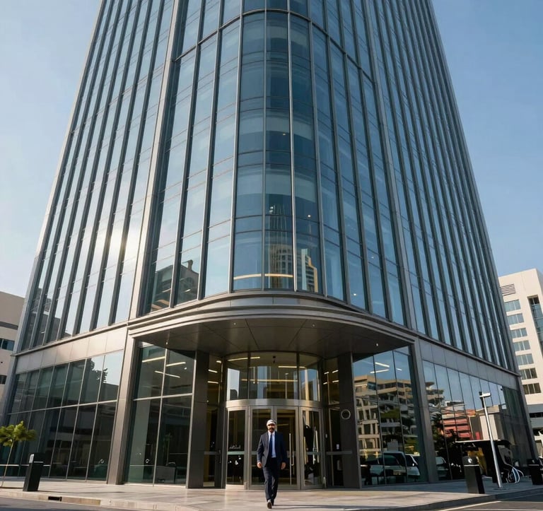 Photography of a sleek, glass-fronted commercial office building in Downtown Dubai. The structure reflects the clear blue sky and features modern architectural lines. A professional Middle Eastern / Gulf entrepreneur is walking towards the entrance.