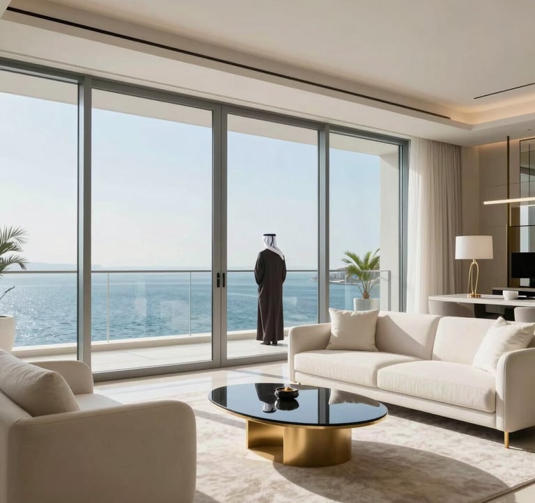 Luxury interior photography of a modern penthouse in Dubai Marina. The room features high ceilings, floor-to-ceiling windows showing the blue water below, and soft off-white minimalist furniture with metallic gold accents. A professional in a modern Middle Eastern / Gulf attire is seen standing on the balcony.