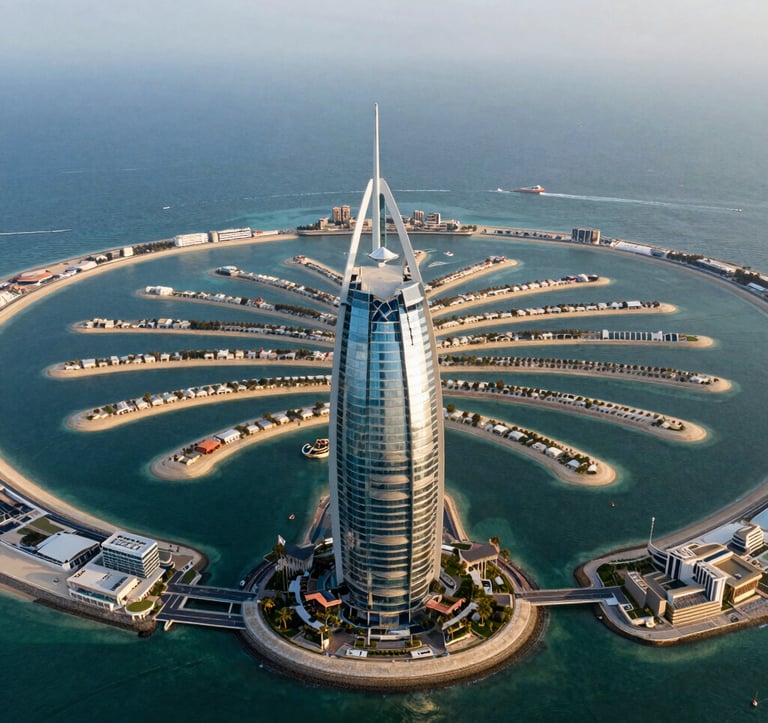 An aerial view of the Palm Jumeirah at noon. The turquoise waters of the Gulf surround the meticulously planned fronds of the island. The sun reflects off the glass of luxury hotels. Expansive and high-end Middle Eastern / Gulf coastal photography.
