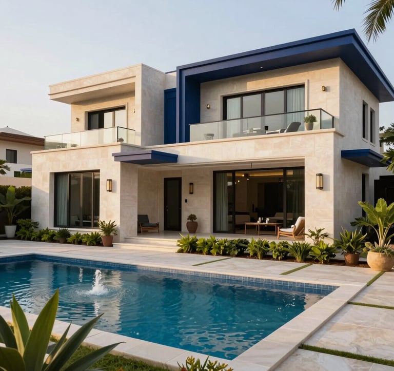 A high-end photography shot of a luxury villa exterior at Emirates Hills. The architecture is ultra-modern with soft off-white stone and deep navy blue detailing. Lush green landscaping and a private swimming pool are in the foreground under the golden sun.
