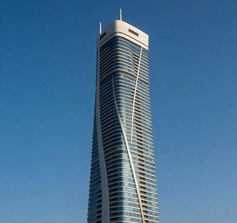 A vertical photography shot of the twisting Cayan Tower against a clear deep blue sky in Dubai Marina. The composition emphasizes the scale and innovative engineering of the building. Clean, modern, and professional Middle Eastern / Gulf urban setting.