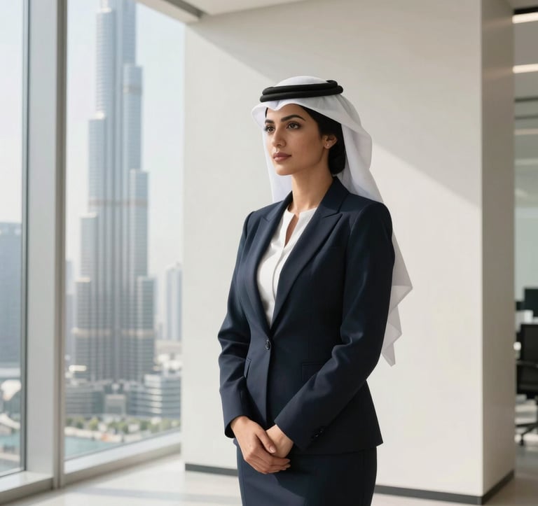 A professional woman in a modern Middle Eastern / Gulf corporate setting, wearing business attire, standing against a backdrop of a clean, minimalist soft off-white office with a view of the Burj Khalifa through a large window.