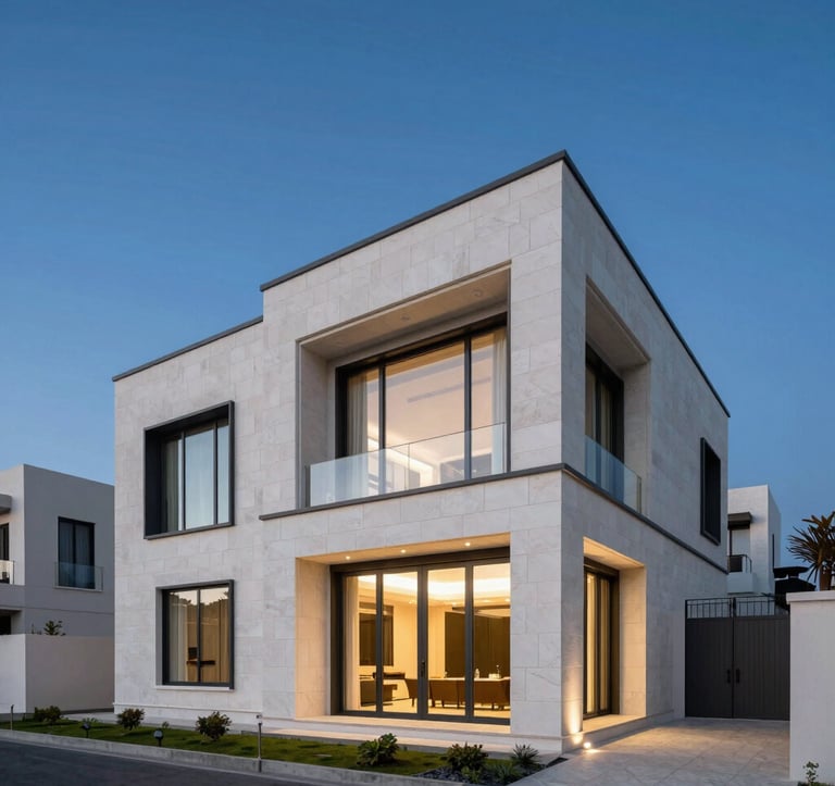 A high-end modern villa exterior in a Middle Eastern / Gulf residential district. The architecture features clean lines, white stone walls, and expansive floor-to-ceiling glass windows, illuminated by soft evening lighting against a deep blue sky.