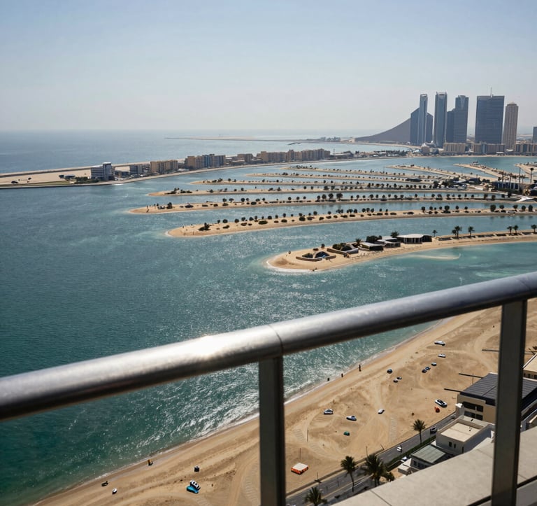 The view from a luxury penthouse balcony in a Middle Eastern / Gulf city, looking out over the sparkling Arabian Gulf and the Palm Jumeirah. The lighting is bright and crisp, showcasing the deep blue water and gold sands of the coastline.