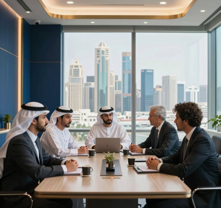 A professional business meeting taking place in a sleek, modern office in a Middle Eastern / Gulf financial district. The room is decorated with deep blue and gold accents, with a panoramic view of the city visible through large windows.