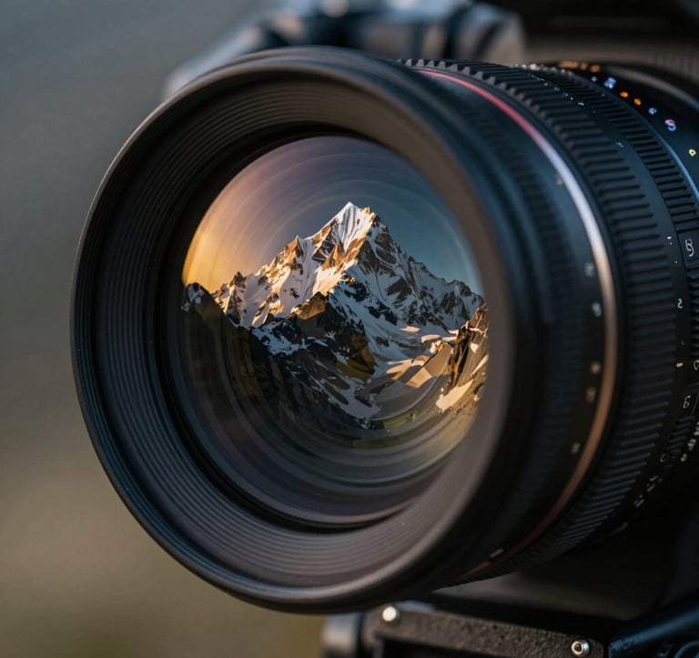 A close-up artistic photograph of a high-end cinema camera lens reflecting the Peruvian Andean peaks. The lighting is dramatic and moody, with gold and muted blue highlights, emphasizing a professional and artistic film production environment.