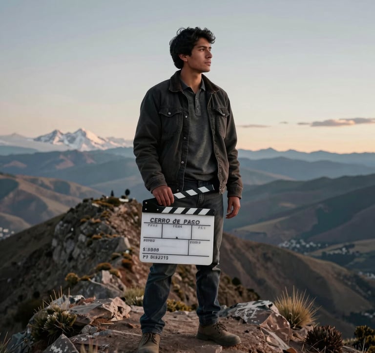 A professional portrait of a young South American / Peruvian filmmaker standing on a high-altitude ridge in Cerro de Pasco. They are holding a clapperboard, looking toward the horizon. The lighting is soft and artistic, with a sophisticated, cinematic feel.