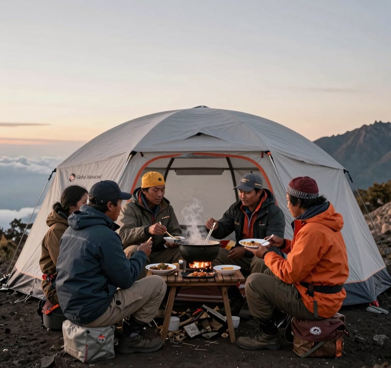 A heartwarming and premium photograph of professional Sasak guides and Global Adventure Travelers sharing a freshly cooked hot meal outside a high-quality dome tent on the Rinjani crater rim. The soft evening light paints the sky in pale warm gray and off-white. Professional safety gear and cozy warm mountain hospitality are evident.